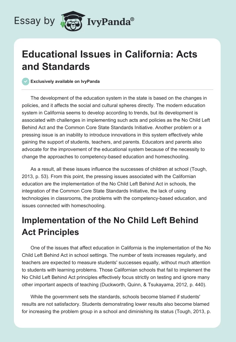 Educational Issues in California: Acts and Standards. Page 1