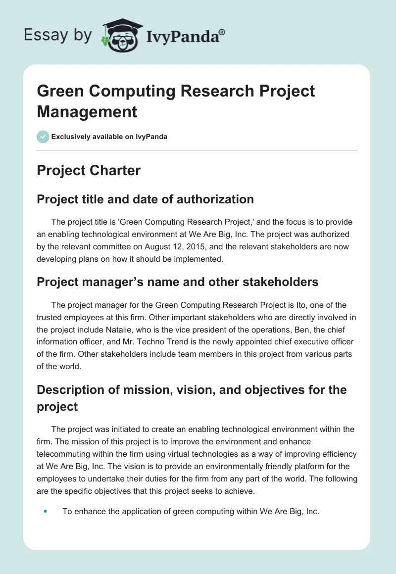 Green Computing Research Project Management. Page 1