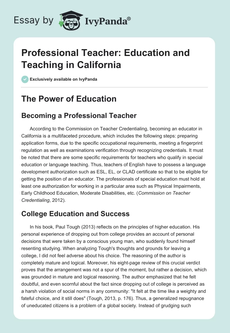 Professional Teacher: Education and Teaching in California. Page 1