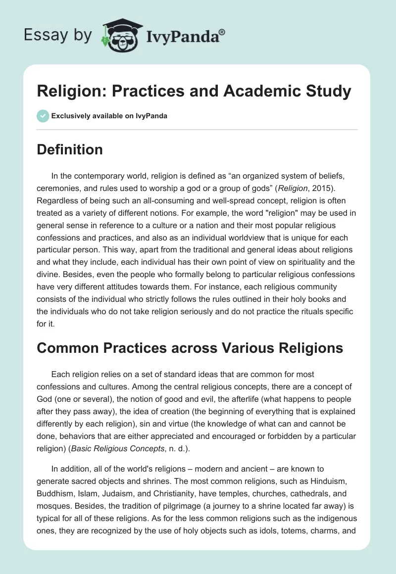 Religion: Practices and Academic Study. Page 1