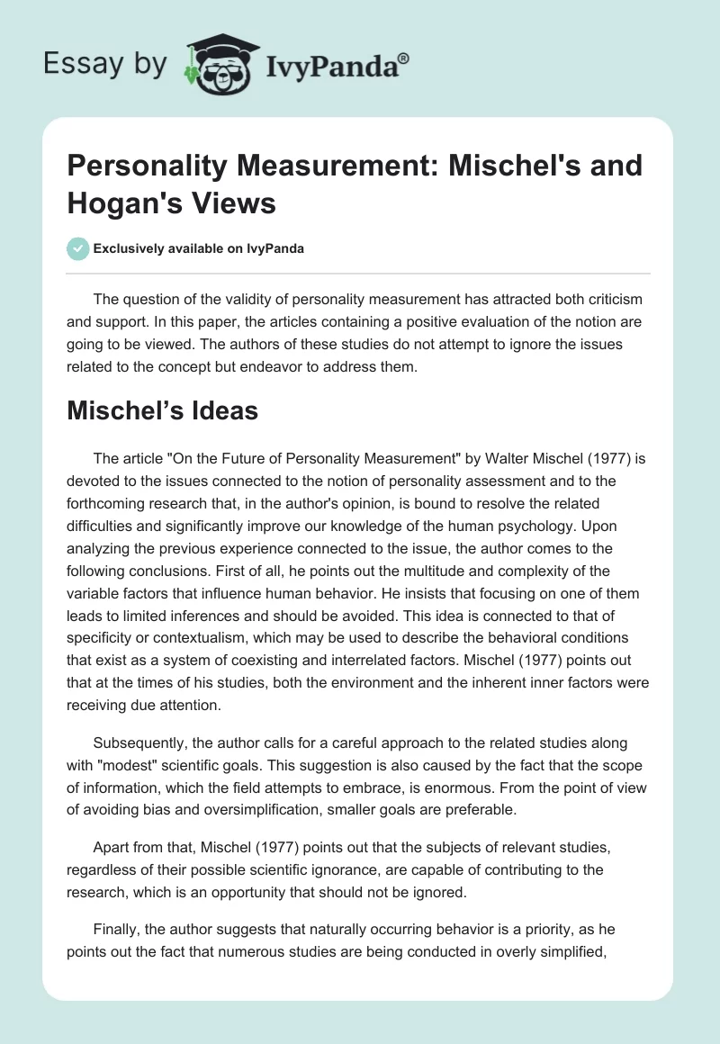 Personality Measurement: Mischel's and Hogan's Views. Page 1