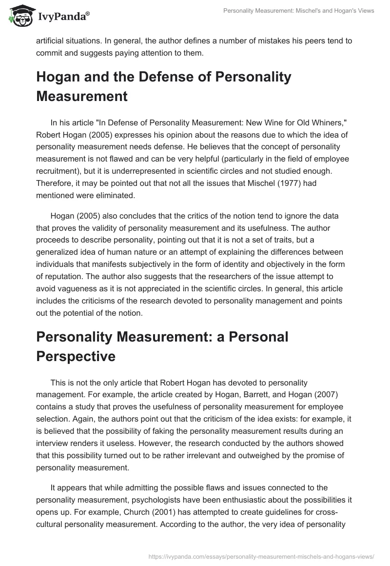 Personality Measurement: Mischel's and Hogan's Views. Page 2