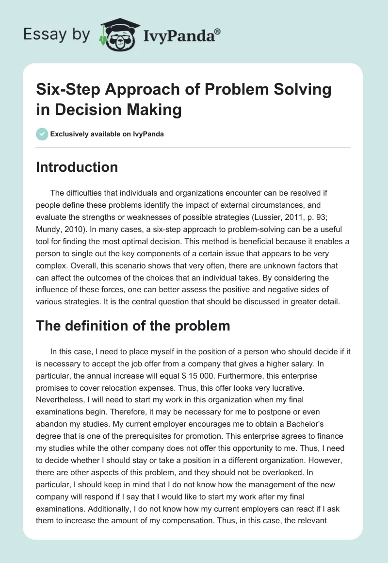 Six-Step Approach of Problem Solving in Decision Making. Page 1