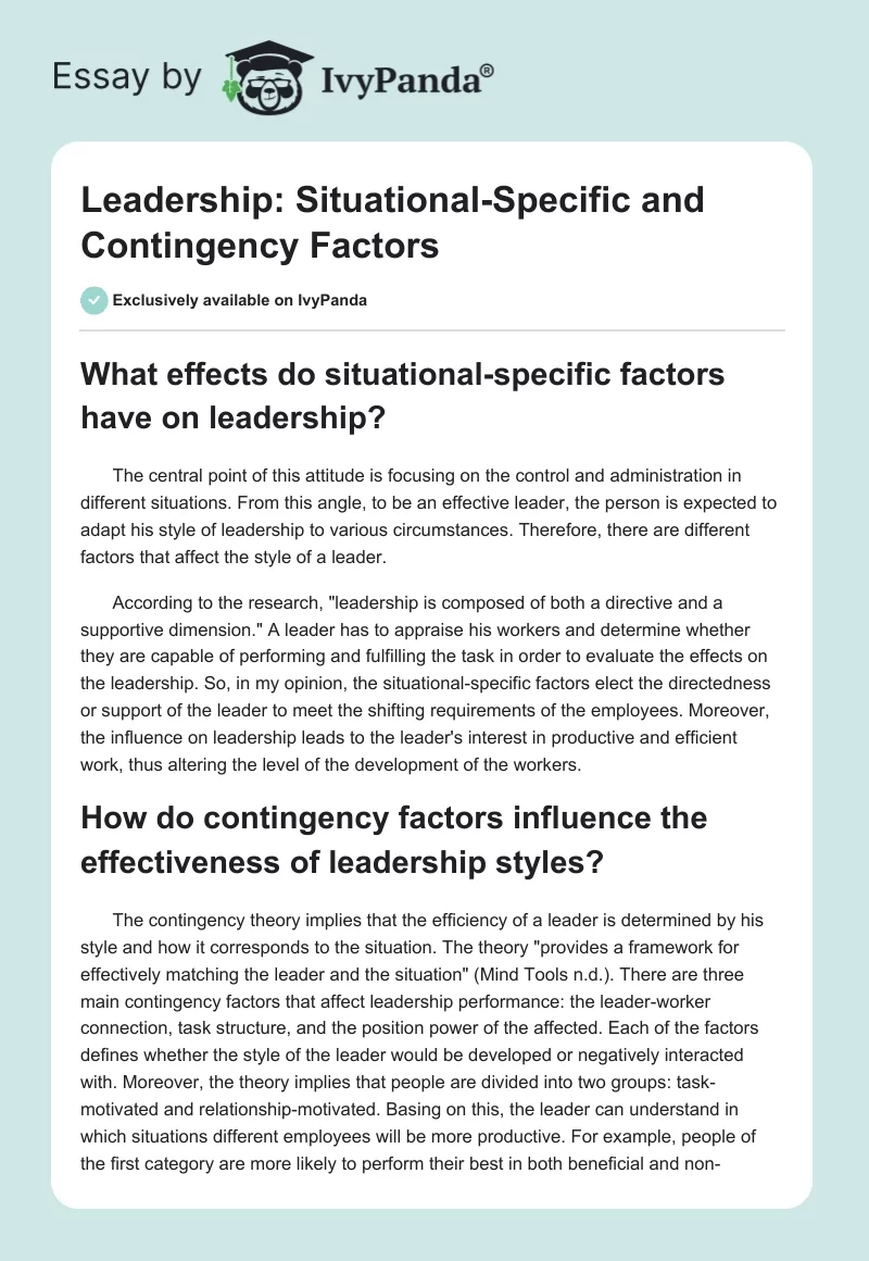 Leadership: Situational-Specific and Contingency Factors. Page 1