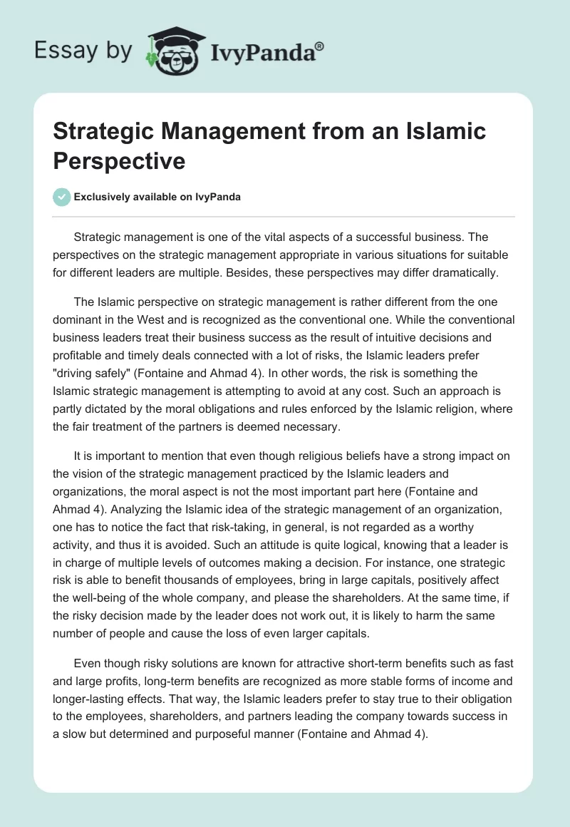 Strategic Management from an Islamic Perspective. Page 1