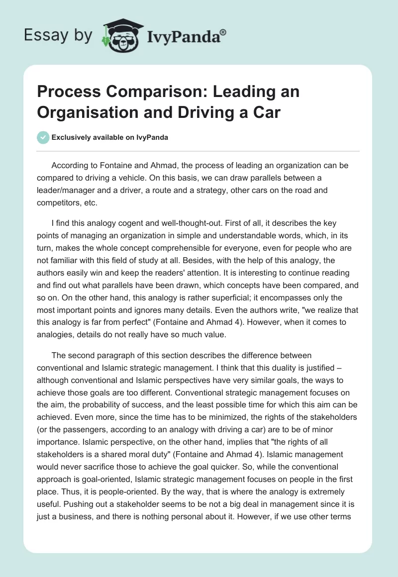 Process Comparison: Leading an Organisation and Driving a Car. Page 1