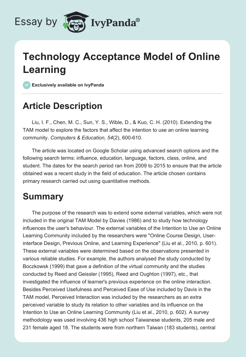 Technology Acceptance Model of Online Learning. Page 1