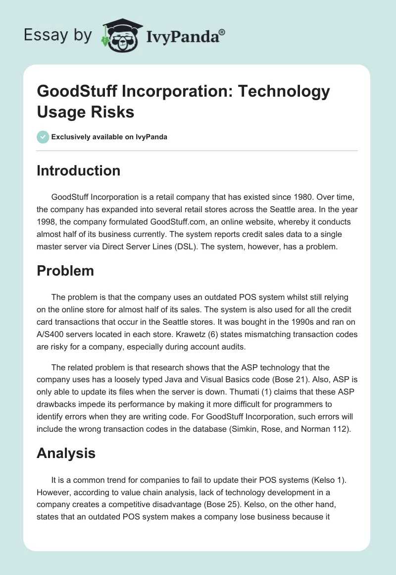 GoodStuff Incorporation: Technology Usage Risks. Page 1