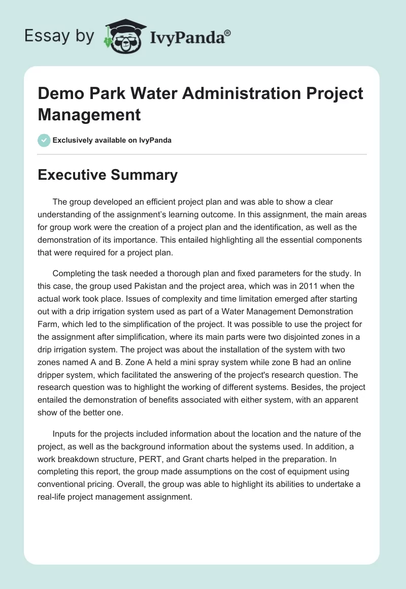 Demo Park Water Administration Project Management. Page 1