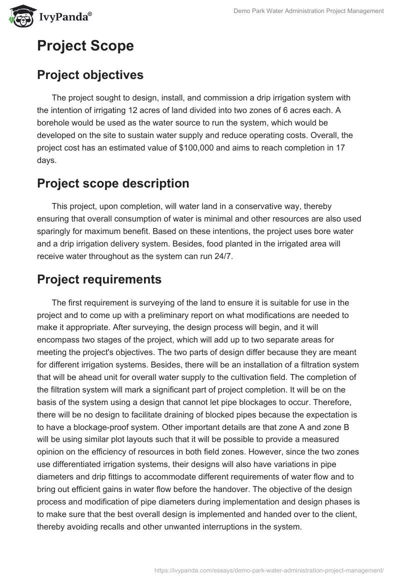 Demo Park Water Administration Project Management. Page 3