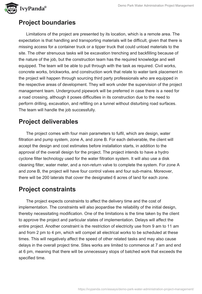 Demo Park Water Administration Project Management. Page 4