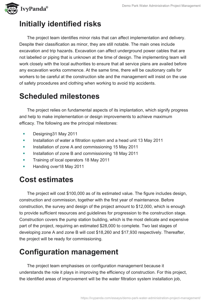Demo Park Water Administration Project Management. Page 5