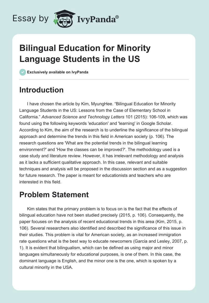Bilingual Education for Minority Language Students in the US. Page 1