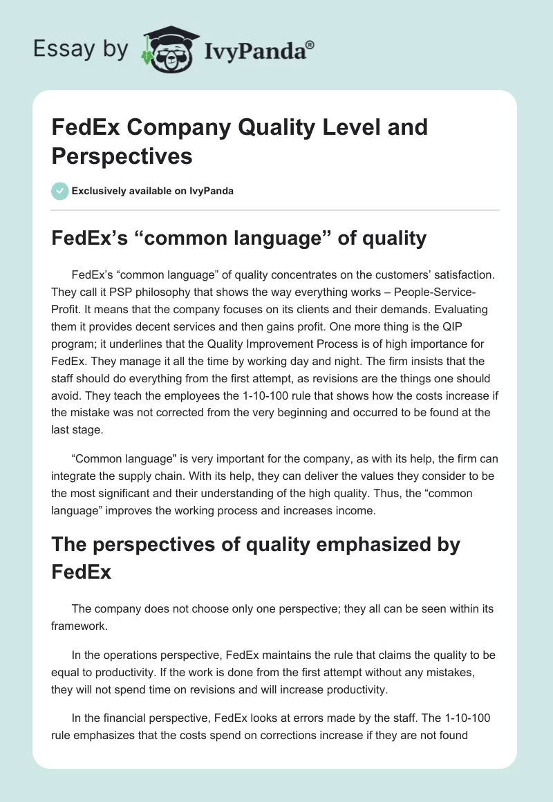 FedEx Company Quality Level and Perspectives. Page 1