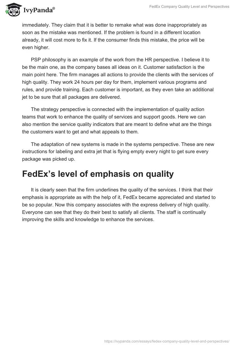 FedEx Company Quality Level and Perspectives. Page 2