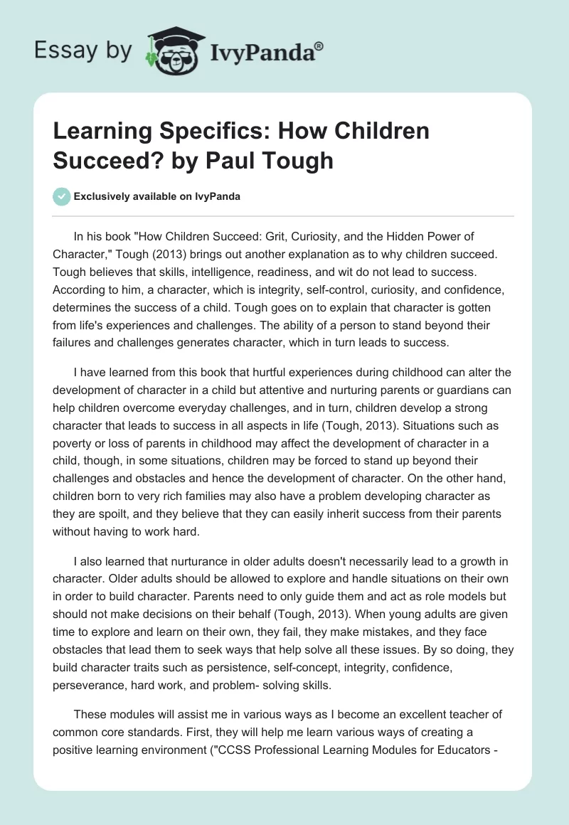 Learning Specifics: "How Children Succeed?" by Paul Tough. Page 1