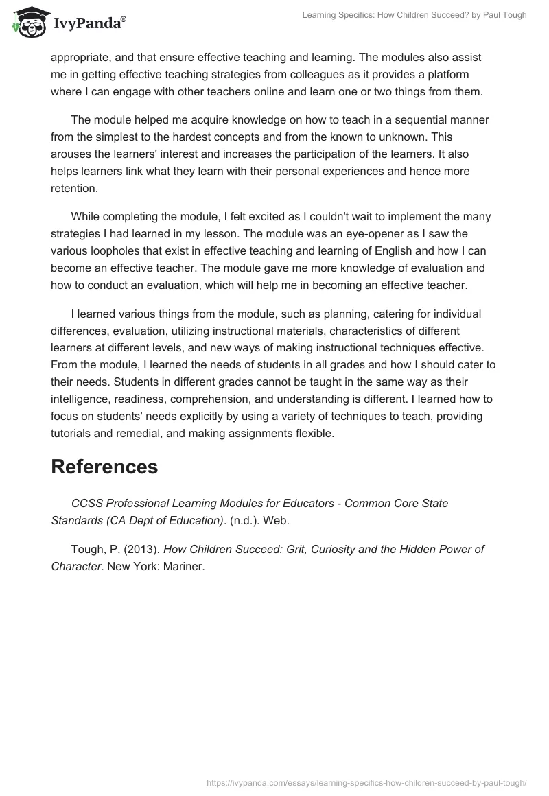 Learning Specifics: "How Children Succeed?" by Paul Tough. Page 3