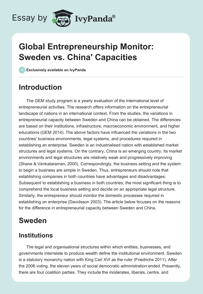 Global Entrepreneurship Monitor: Sweden vs. China' Capacities. Page 1