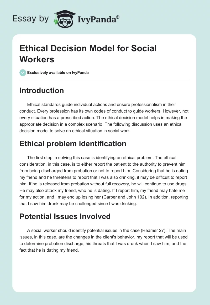 Ethical Decision Model for Social Workers. Page 1