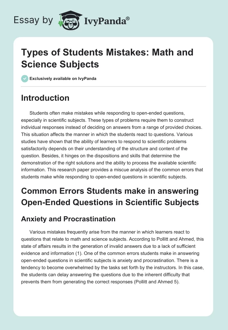 Types of Students Mistakes: Math and Science Subjects. Page 1