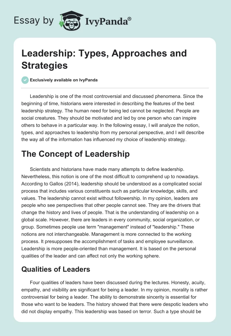 Leadership: Types, Approaches and Strategies. Page 1