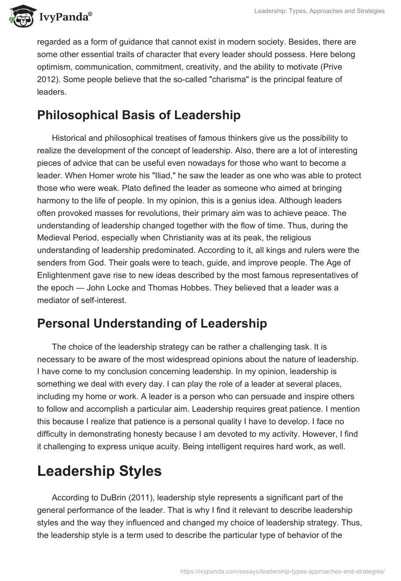 Leadership: Types, Approaches and Strategies. Page 2