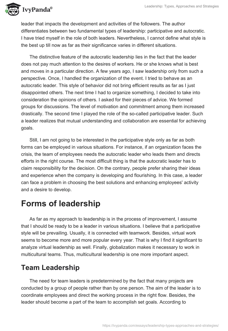 Leadership: Types, Approaches and Strategies. Page 3