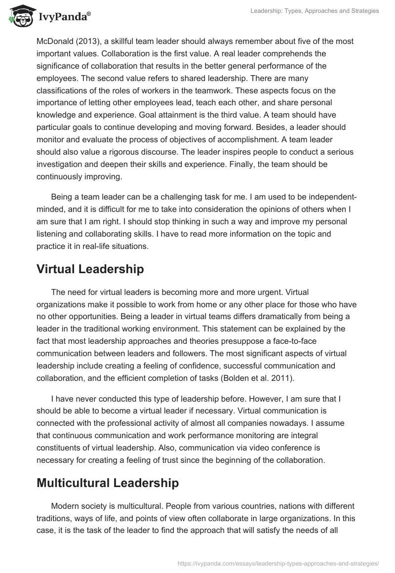 Leadership: Types, Approaches and Strategies. Page 4