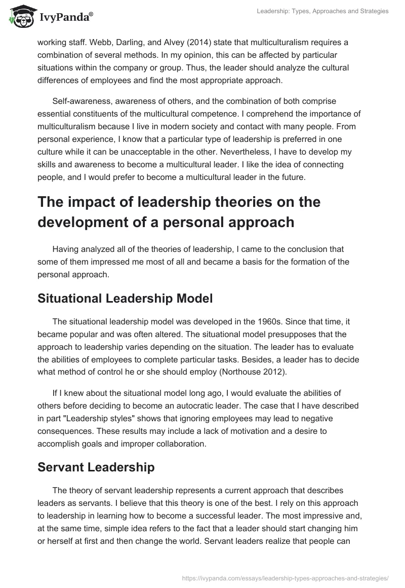 Leadership: Types, Approaches and Strategies. Page 5