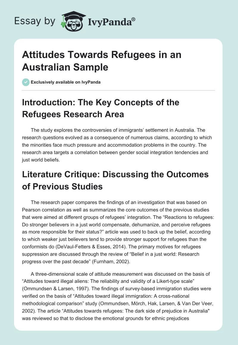 Attitudes Towards Refugees in an Australian Sample. Page 1