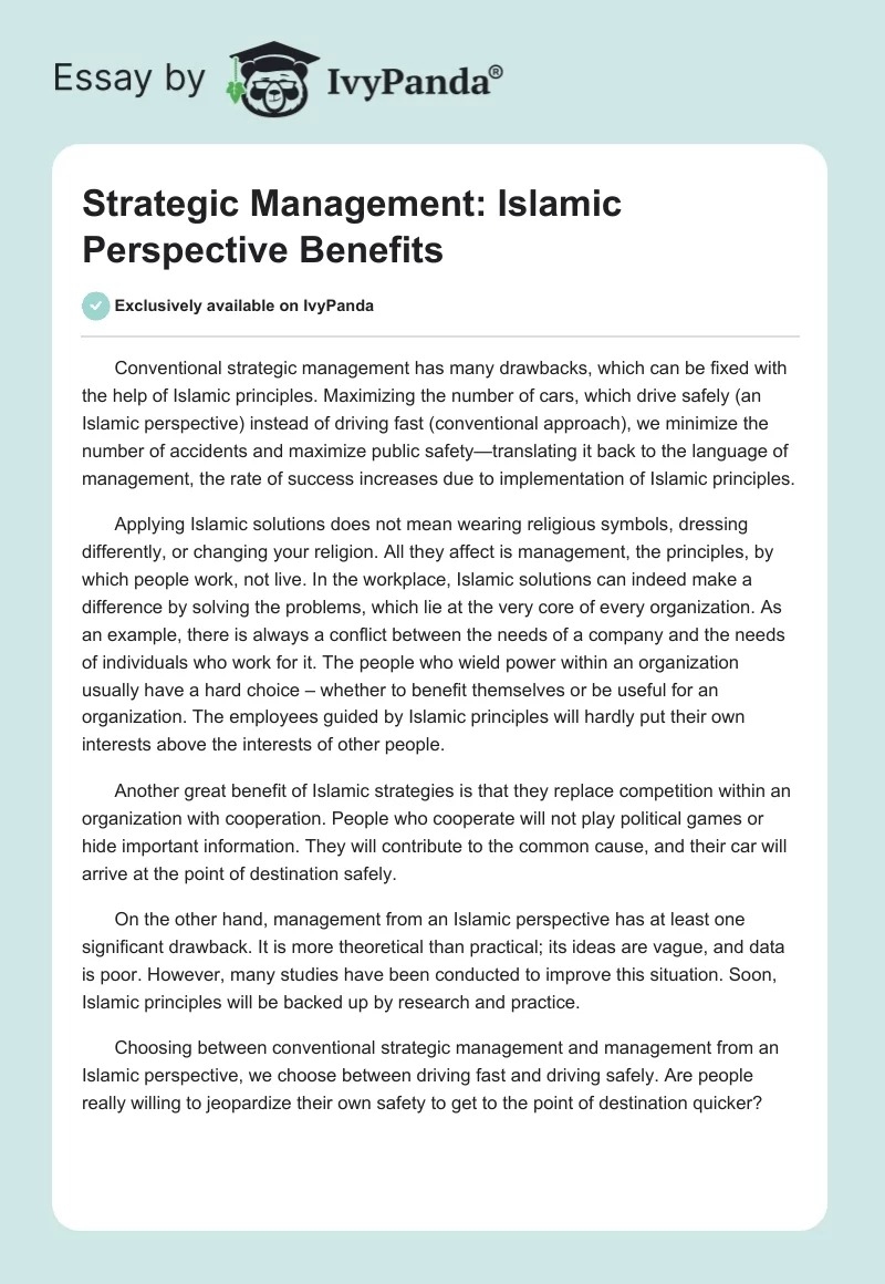 Strategic Management: Islamic Perspective Benefits. Page 1