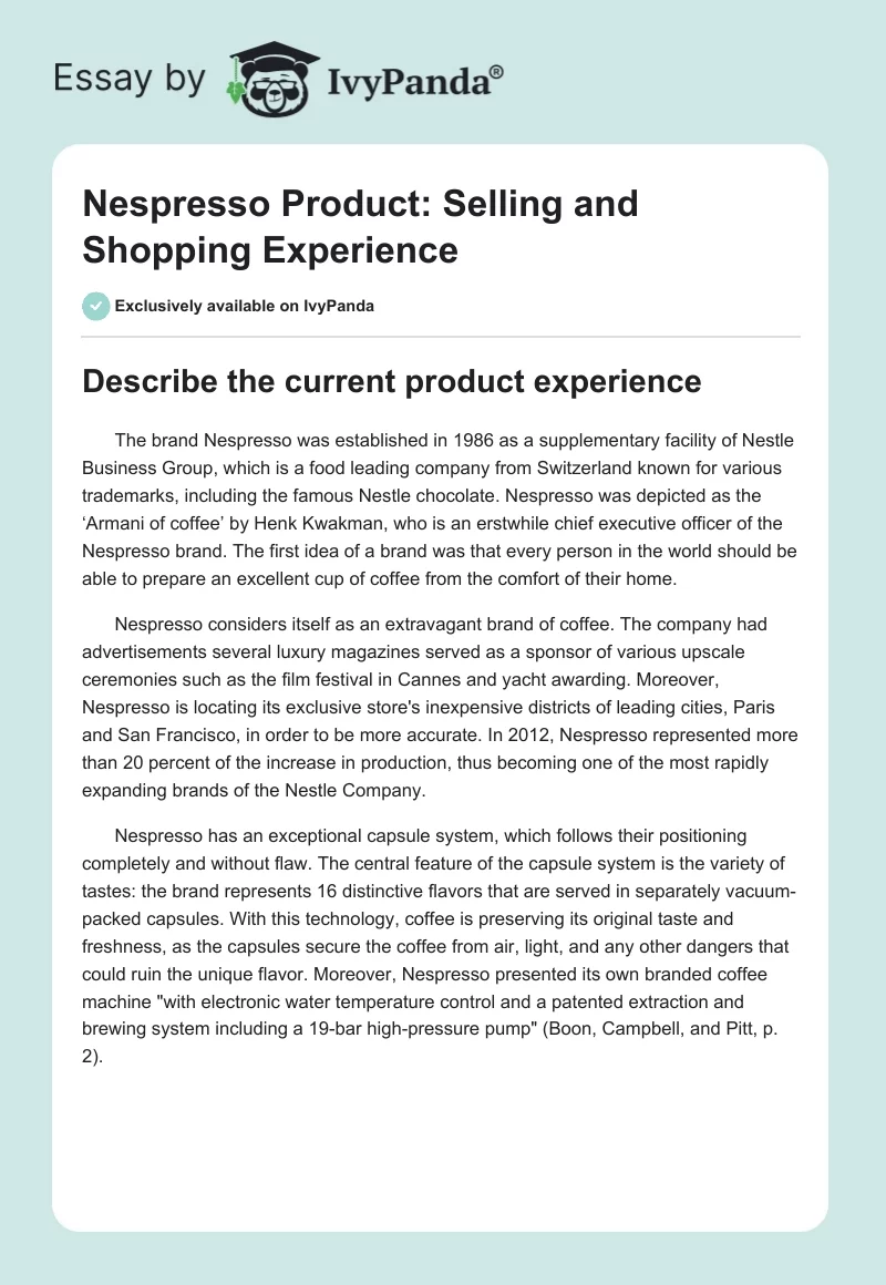 Nespresso Product: Selling and Shopping Experience. Page 1