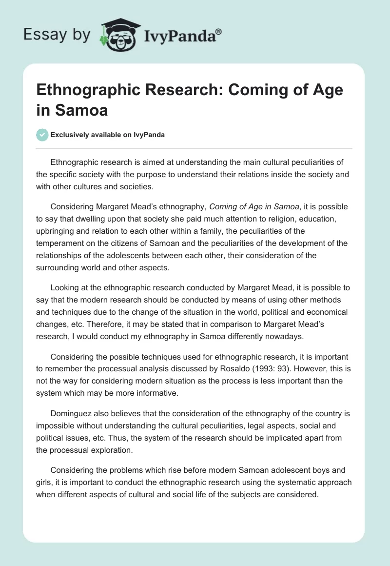 Ethnographic Research: Coming of Age in Samoa. Page 1