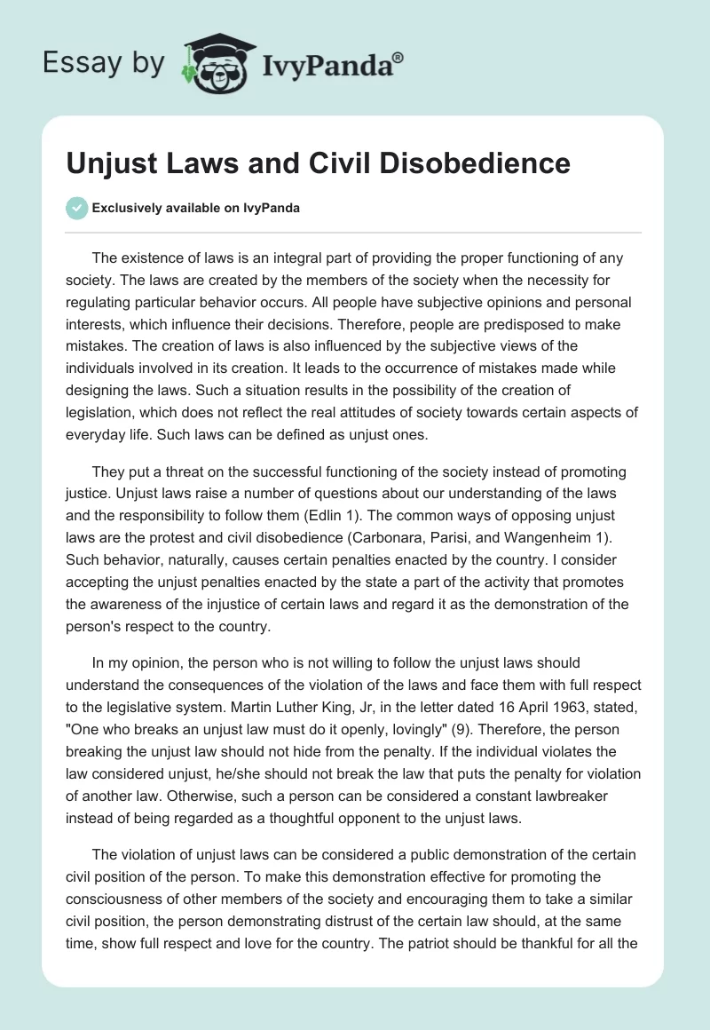 Unjust Laws and Civil Disobedience. Page 1