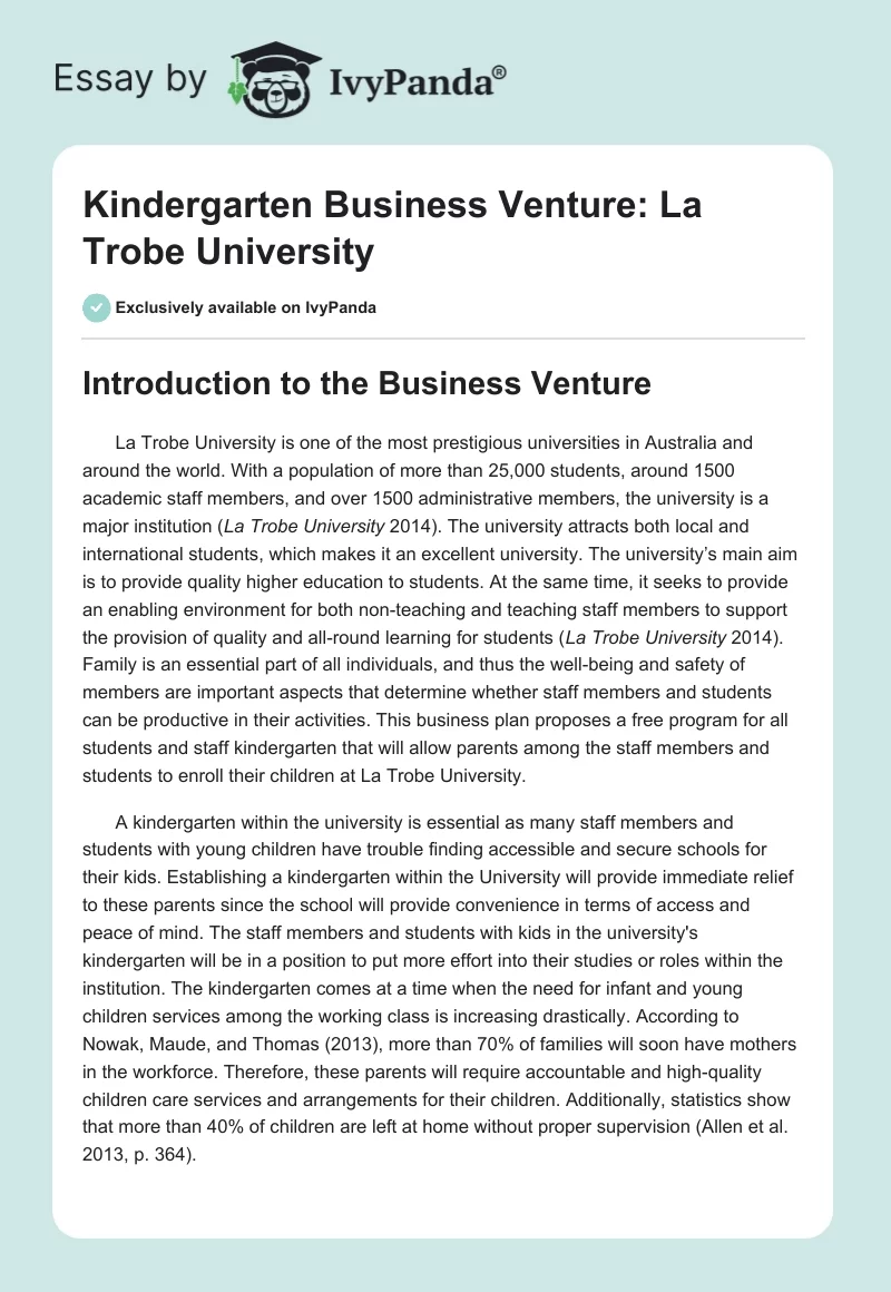 Kindergarten Business Venture: La Trobe University. Page 1