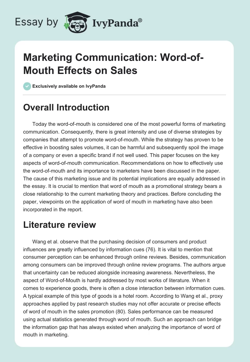 Marketing Communication: Word-of-Mouth Effects on Sales. Page 1