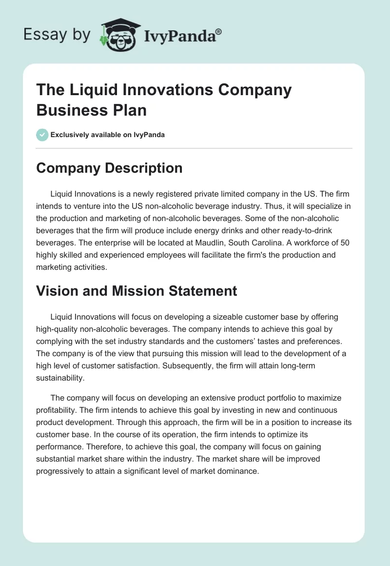 The Liquid Innovations Company Business Plan. Page 1