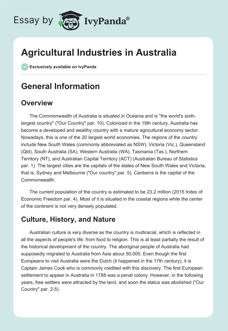 Agricultural Industries in Australia. Page 1
