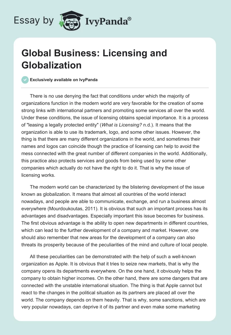 Global Business: Licensing and Globalization. Page 1