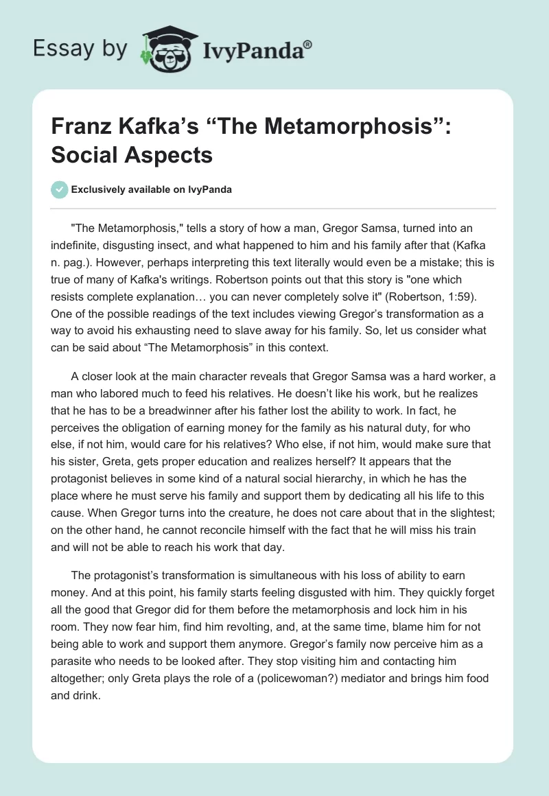 Franz Kafka’s “The Metamorphosis”: Social Aspects. Page 1