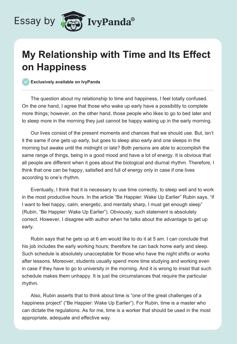 My Relationship with Time and Its Effect on Happiness. Page 1