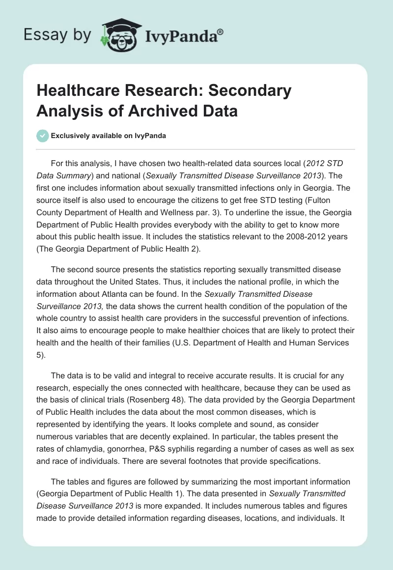 Healthcare Research: Secondary Analysis of Archived Data. Page 1