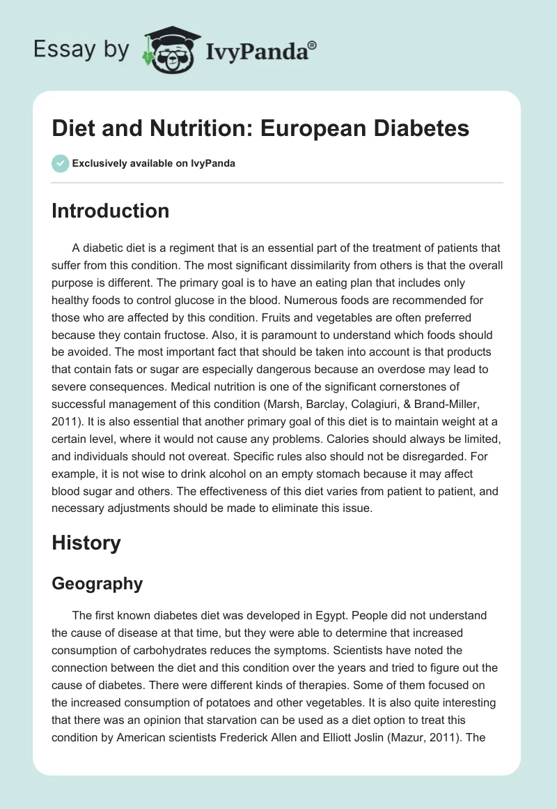 Diet and Nutrition: European Diabetes. Page 1