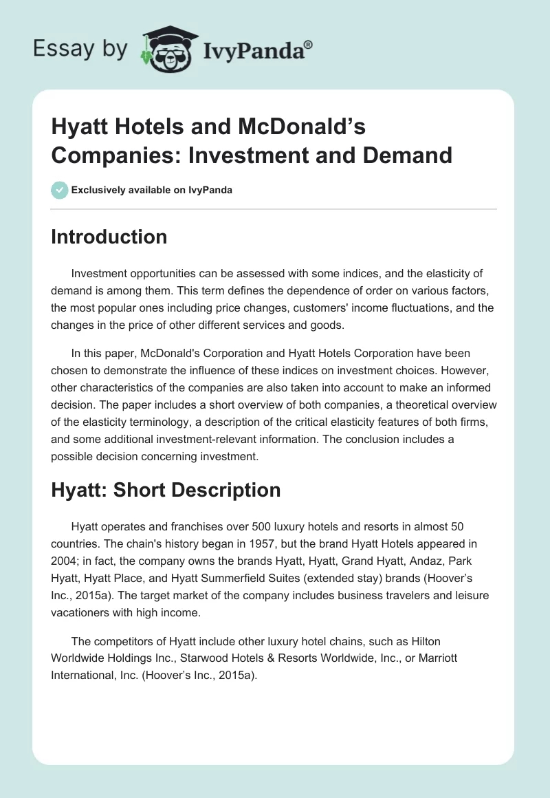 Hyatt Hotels and McDonald’s Companies: Investment and Demand. Page 1
