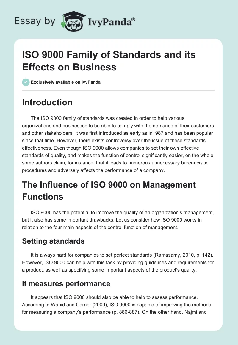ISO 9000 Family of Standards and its Effects on Business. Page 1