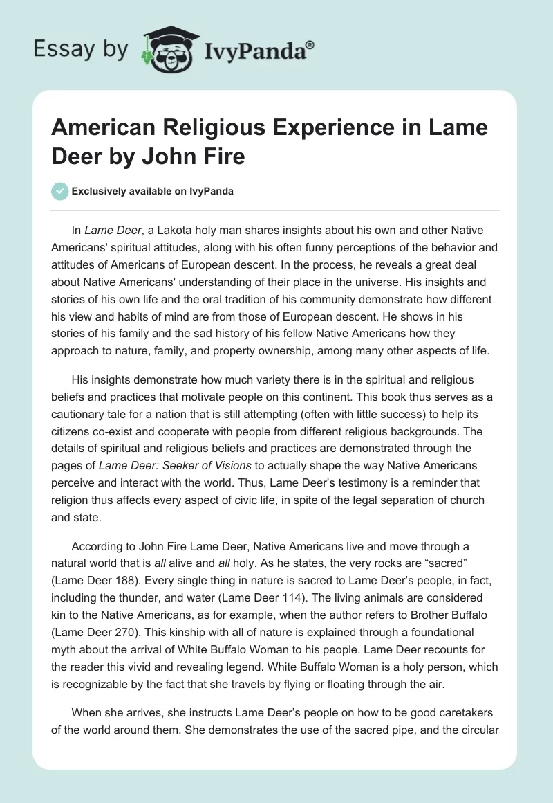 American Religious Experience in "Lame Deer" by John Fire. Page 1
