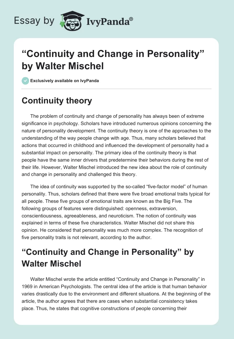 “Continuity and Change in Personality” by Walter Mischel. Page 1
