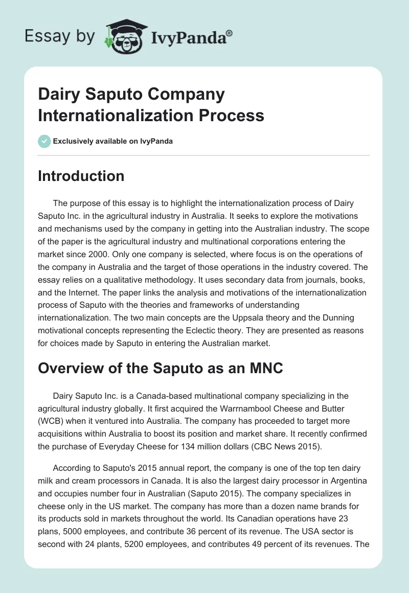 Dairy Saputo Company Internationalization Process. Page 1