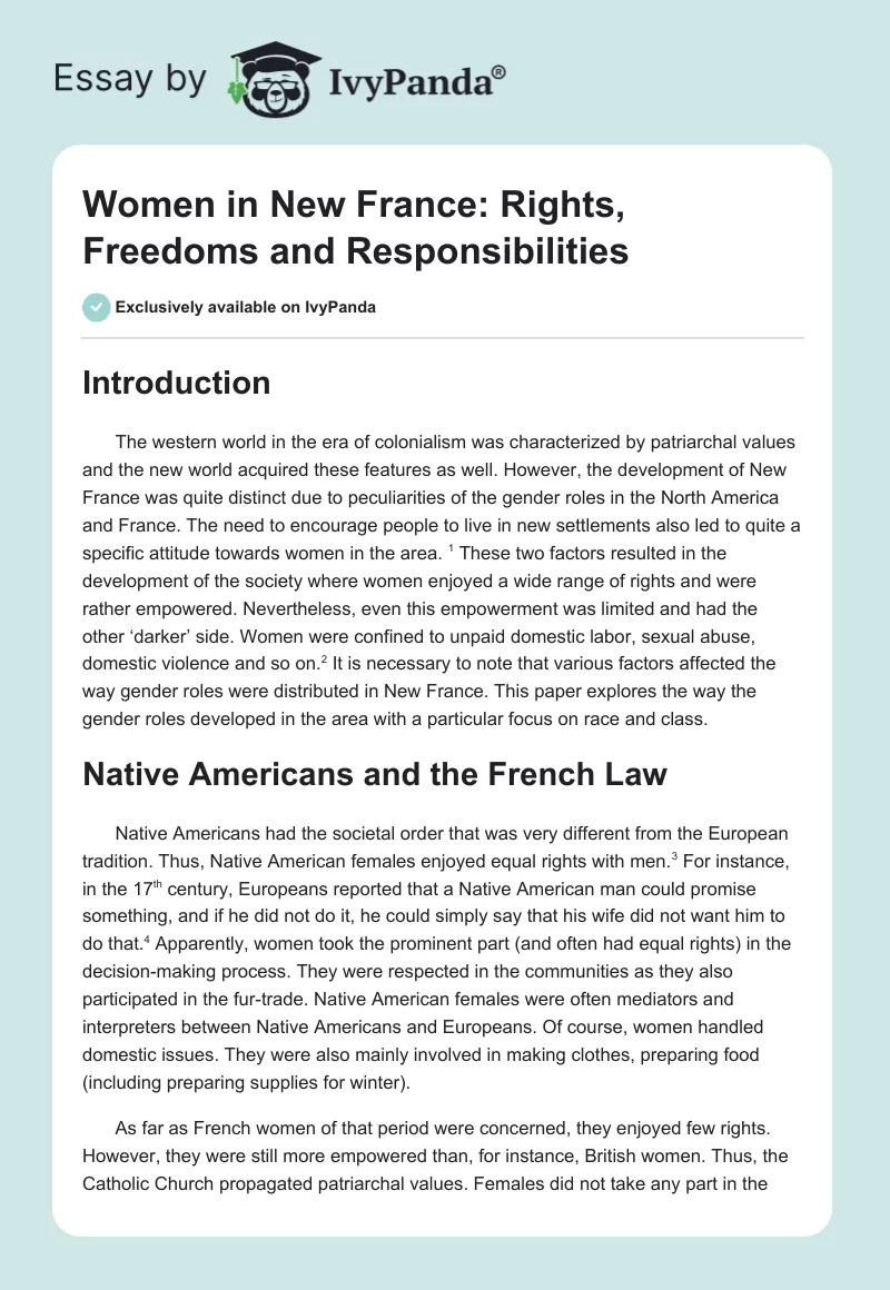 Women in New France: Rights, Freedoms and Responsibilities. Page 1