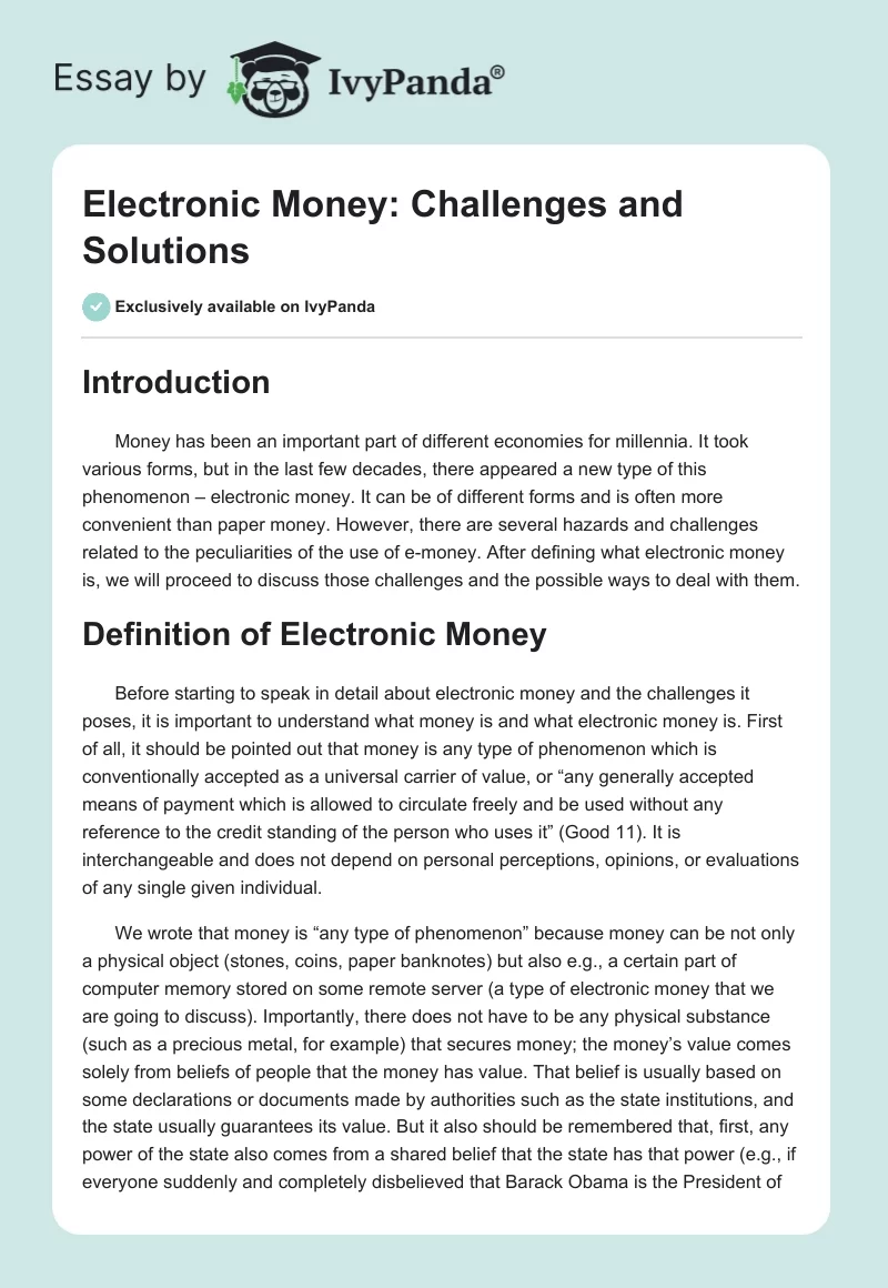 Electronic Money: Challenges and Solutions. Page 1